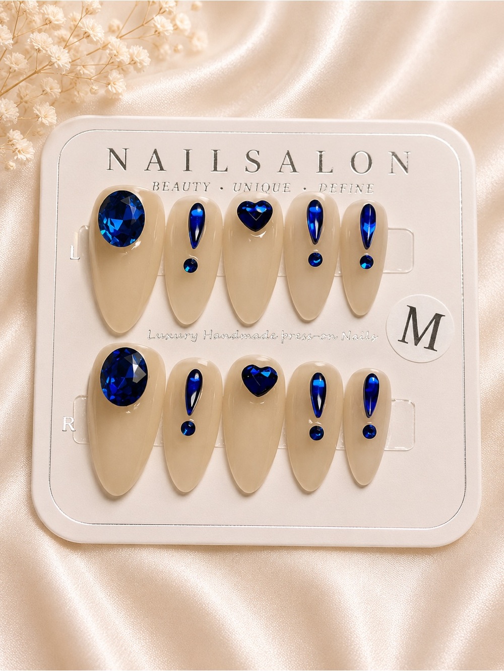 Nude Almond Press-On Nails with Royal Blue Gems size medium